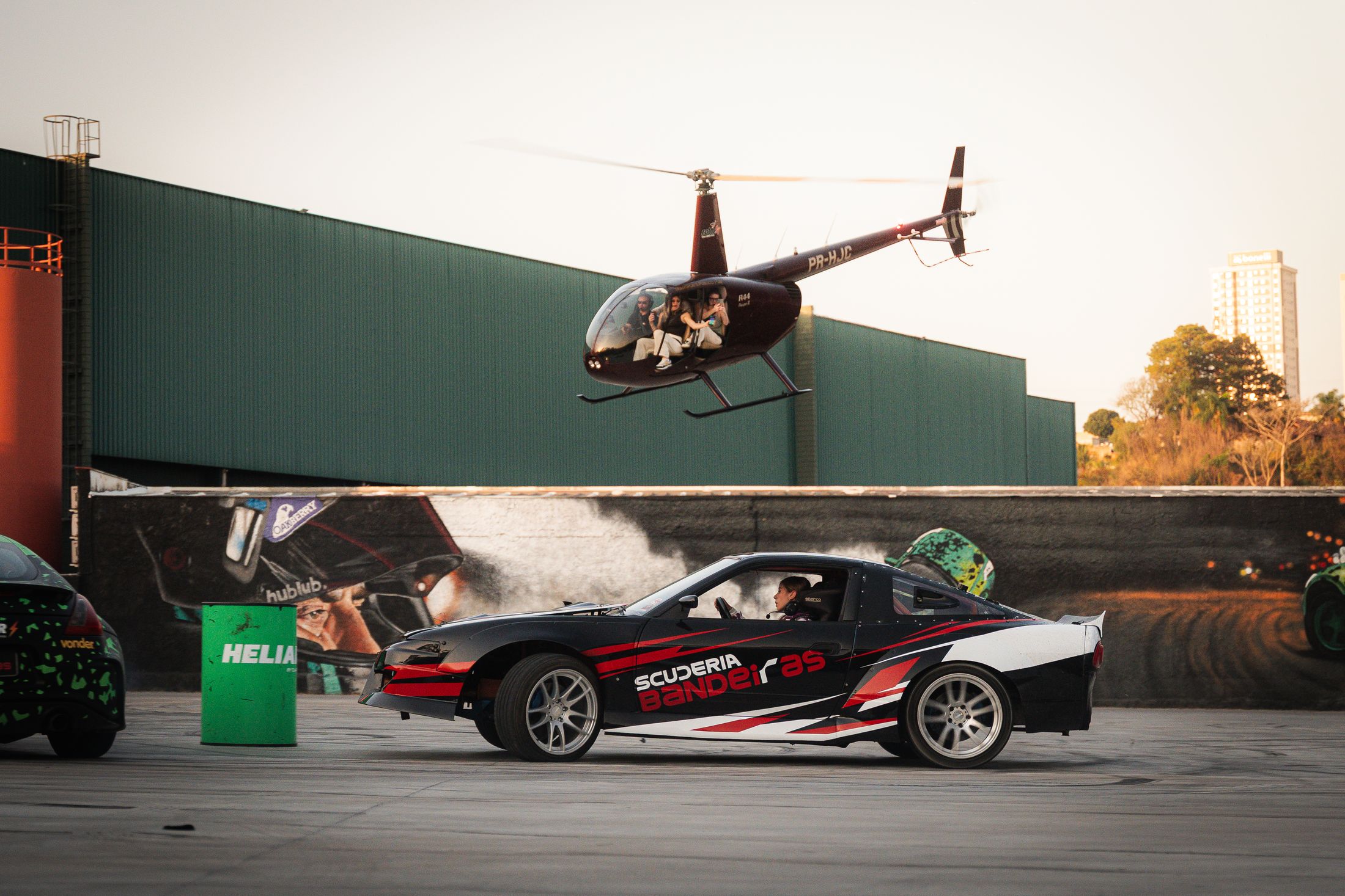 Drift car and helicopter on set